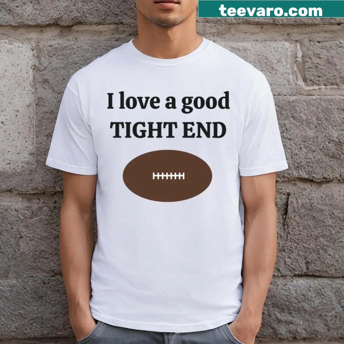 Humorous tight end graphic on a fantasy football t-shirt — on a men's t-shirt