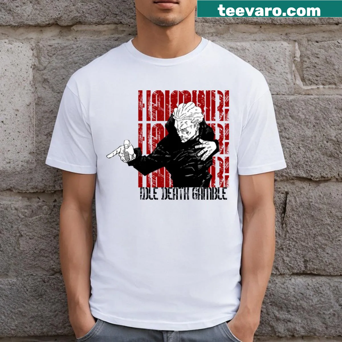 T-shirt featuring intricate artwork of Kinji Hakari from Idle Death Gamble. — on a men's t-shirt