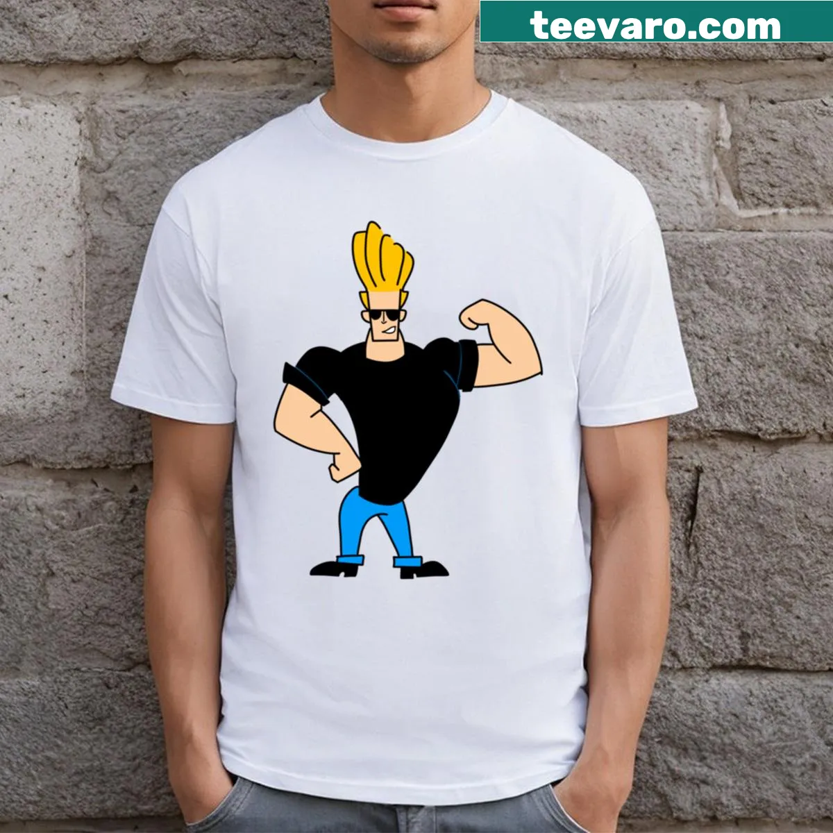 Text graphic that reads 'Its Johnny' on a T-shirt — on a men's t-shirt