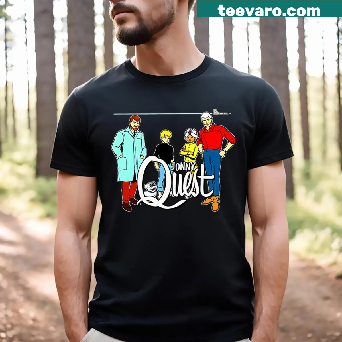 Retro Jonny Quest t-shirt featuring classic animated imagery — on a men's t-shirt