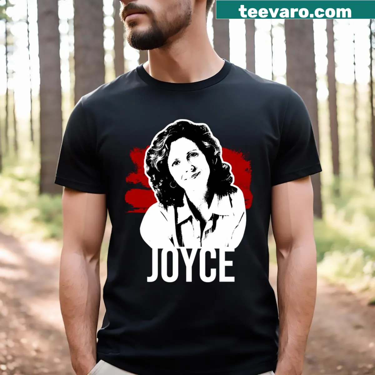 Red t-shirt with bold white text representing a TV show — on a men's t-shirt