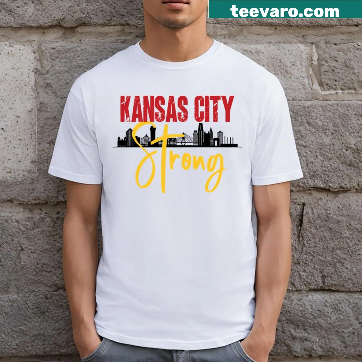 Illustrated skyline of Kansas City T-shirt — on a men's t-shirt