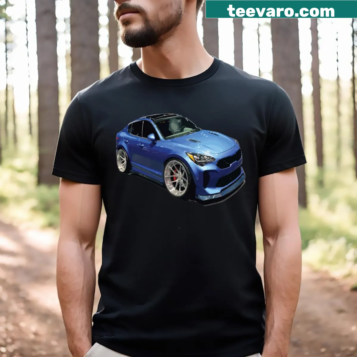 Cartoon Kia Stinger GT T-shirt with playful design — on a men's t-shirt