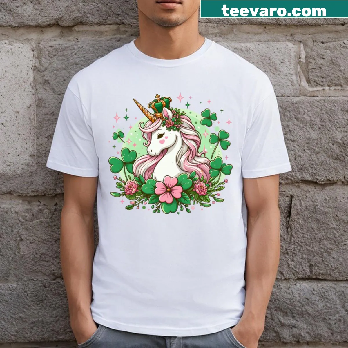 Adorable unicorn face with shamrocks on a kids t-shirt — on a men's t-shirt