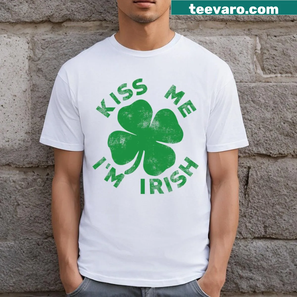 Funny St. Patrick's Day T-shirt with Kiss Me I'm Irish text — on a men's t-shirt