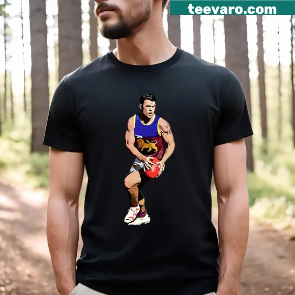 Cartoon design of Lachie Neale in a football themed t-shirt