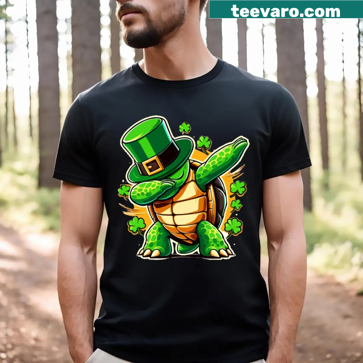 Cartoon leprechaun and sea turtle dab dancing with shamrocks — on a men's t-shirt