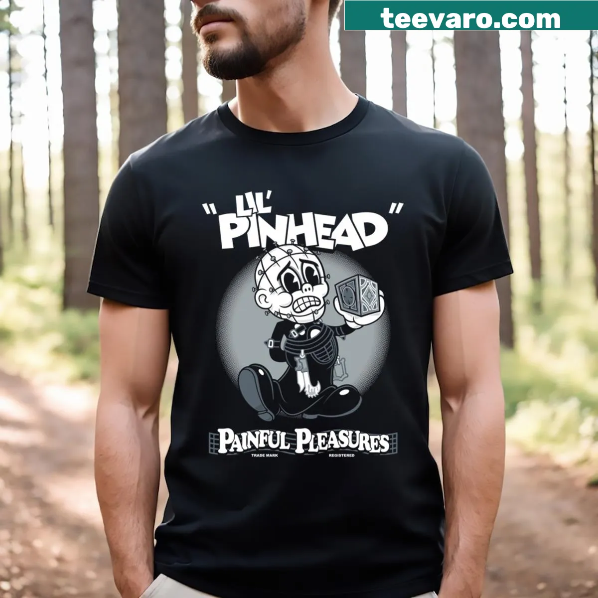 Cute vintage cartoon horror character Lil' Pinhead on t-shirt — on a men's t-shirt