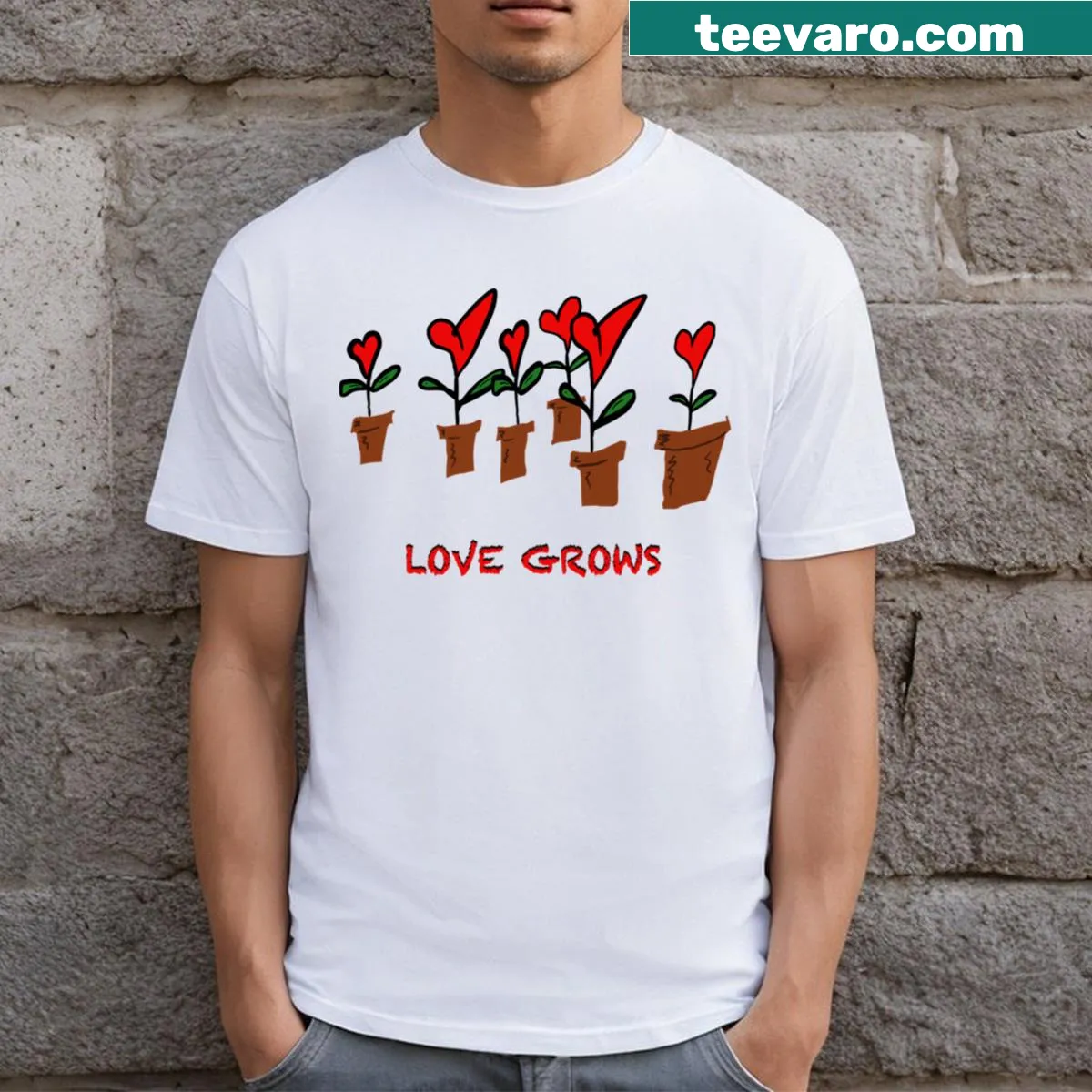 T-shirt with little hearts in flowerpots, symbolizing love and growth — on a men's t-shirt