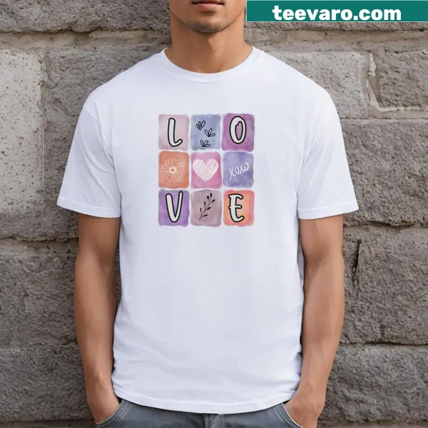 Minimalist graphic t-shirt featuring the word 'Love' in a grid design