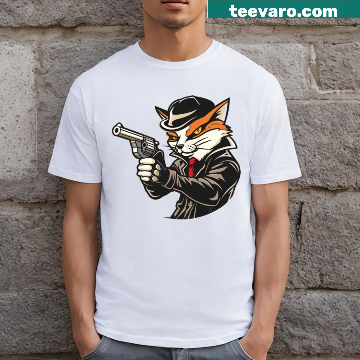 Illustrated fox in a mobster hat on a casual t-shirt — on a men's t-shirt