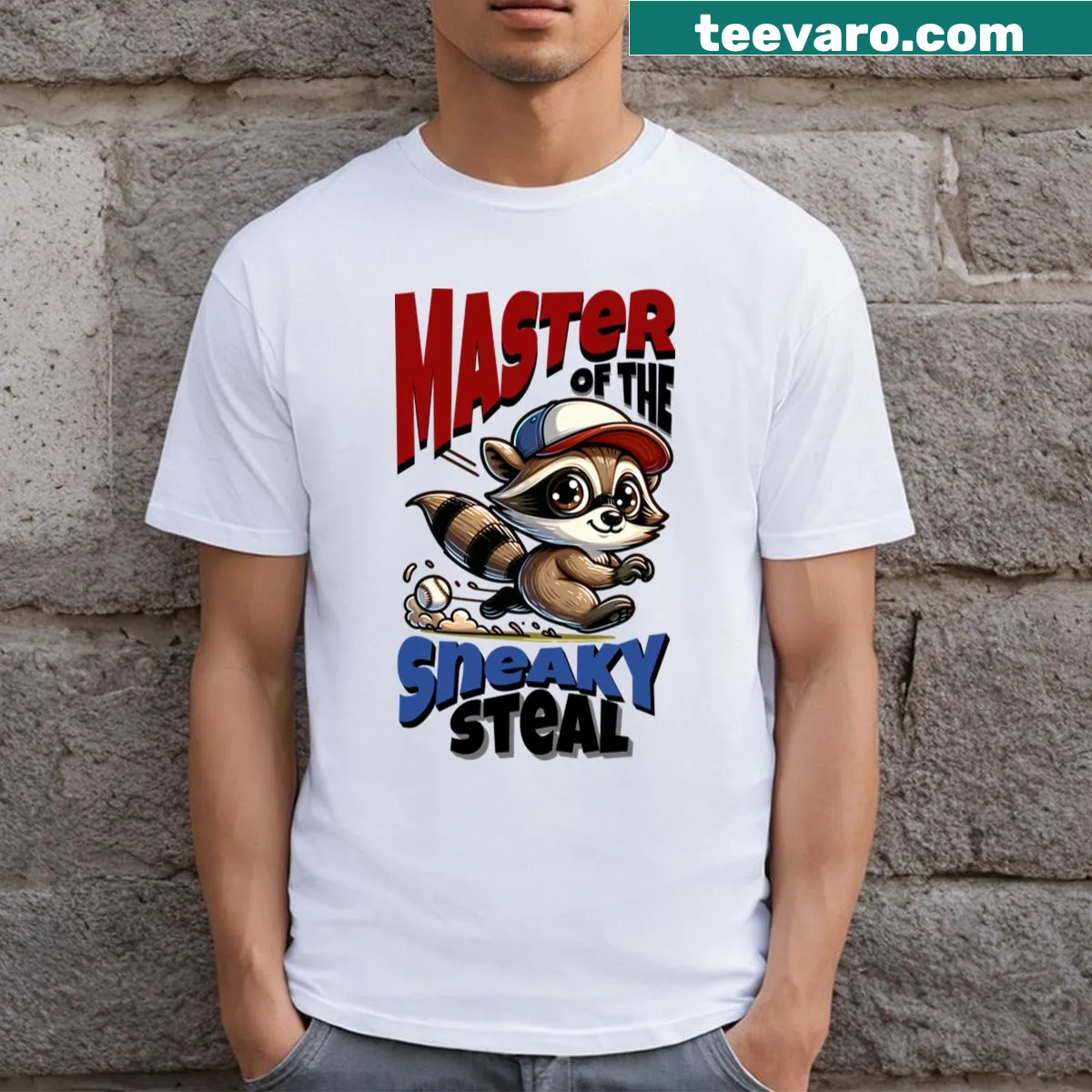 Cute raccoon character with a baseball on a t-shirt — on a men's t-shirt