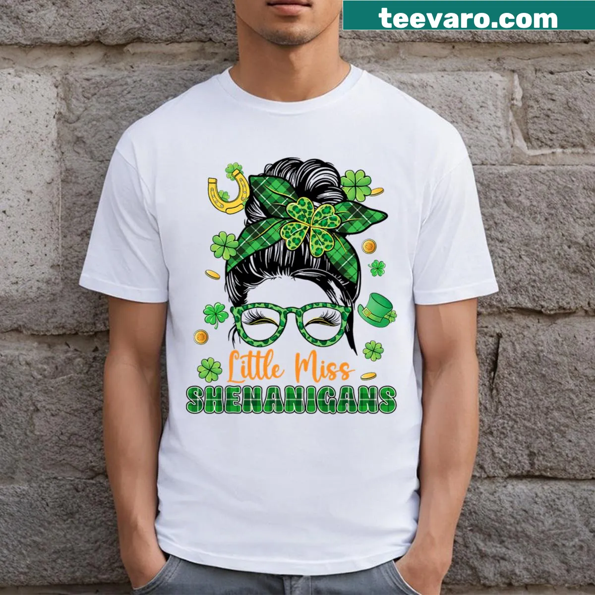 Cute messy bun graphic on a St. Patrick's Day T-shirt — on a men's t-shirt