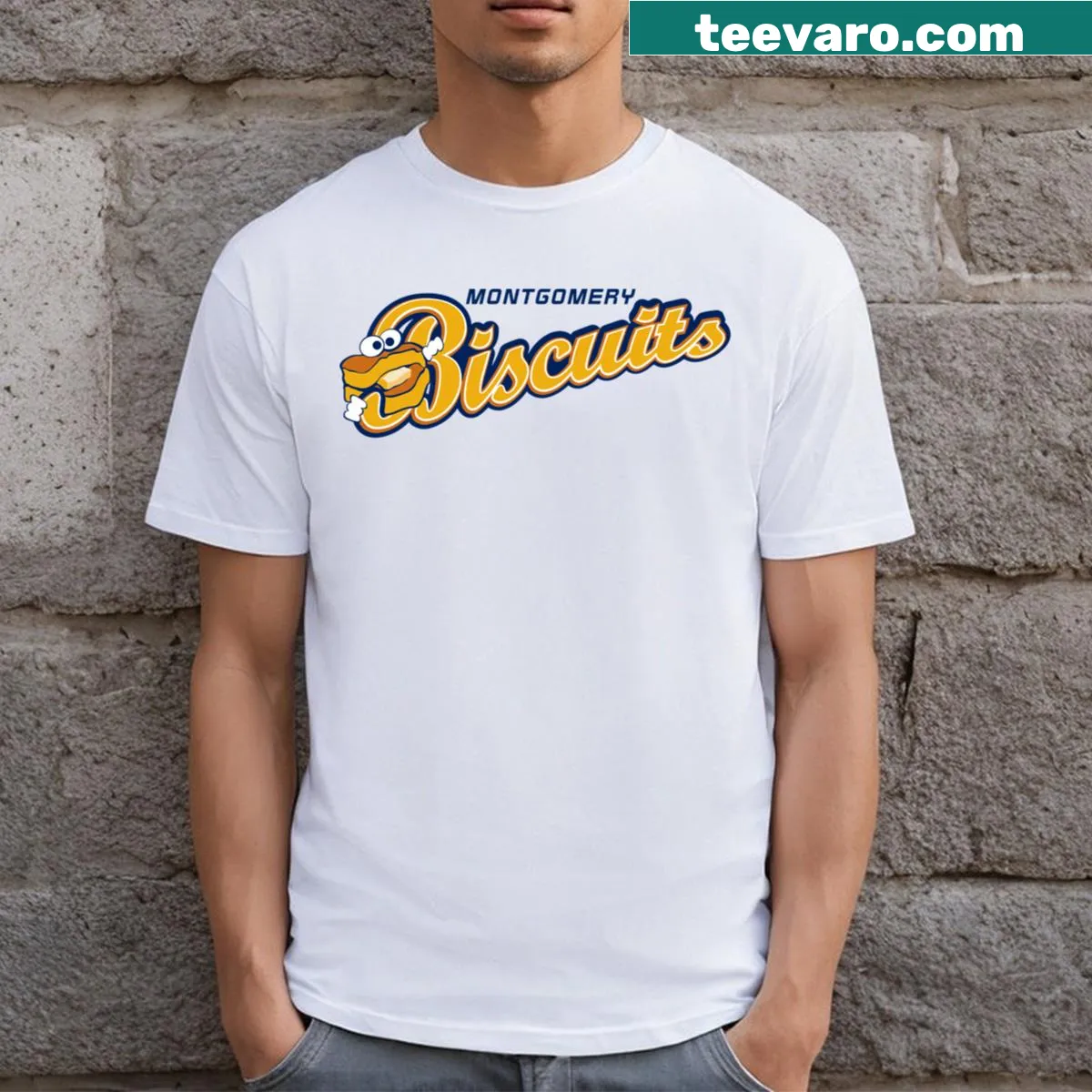 Montgomery Biscuits logo on a jersey-style T-shirt — on a men's t-shirt