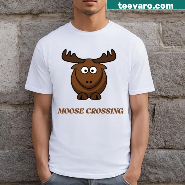 Cartoon moose crossing design on a T-shirt