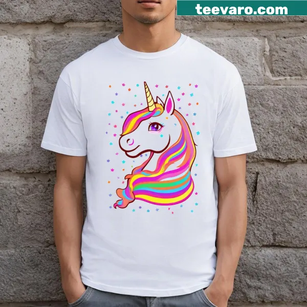 Cartoon unicorn surrounded by stars graphic on t-shirt