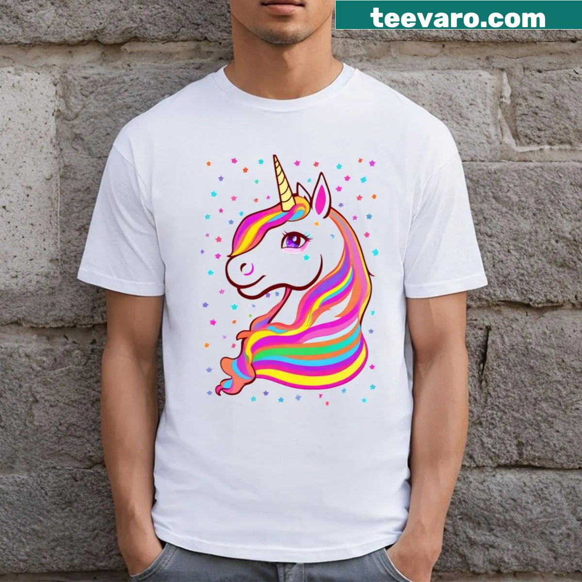 Cartoon unicorn surrounded by stars graphic on t-shirt — on a men's t-shirt