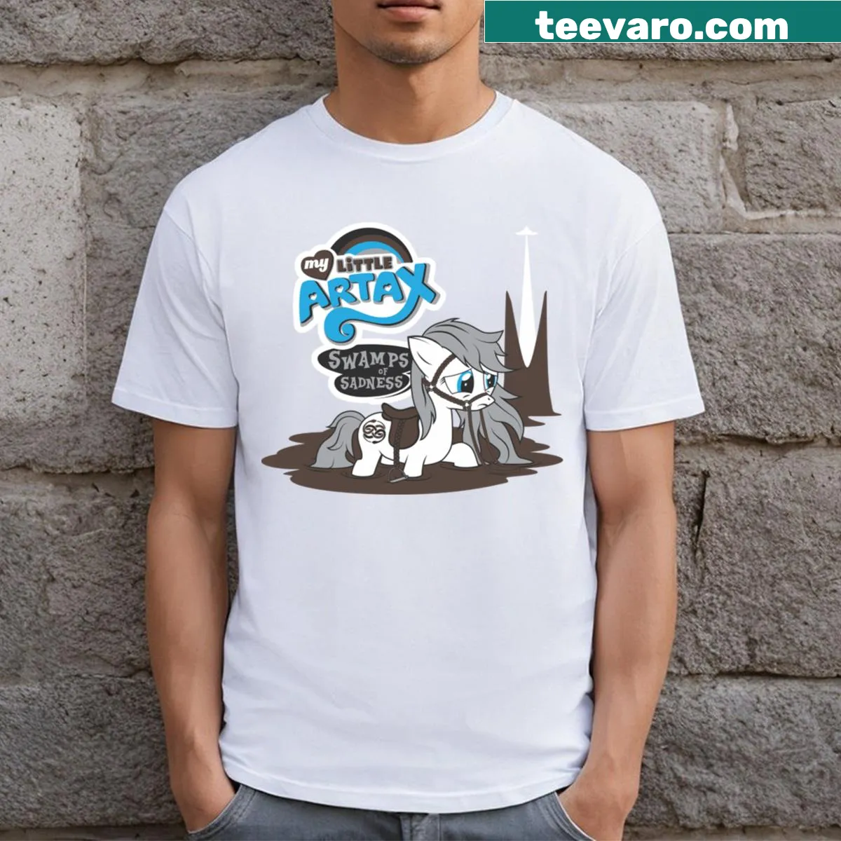 Illustrated t-shirt featuring Artax from The NeverEnding Story — on a men's t-shirt