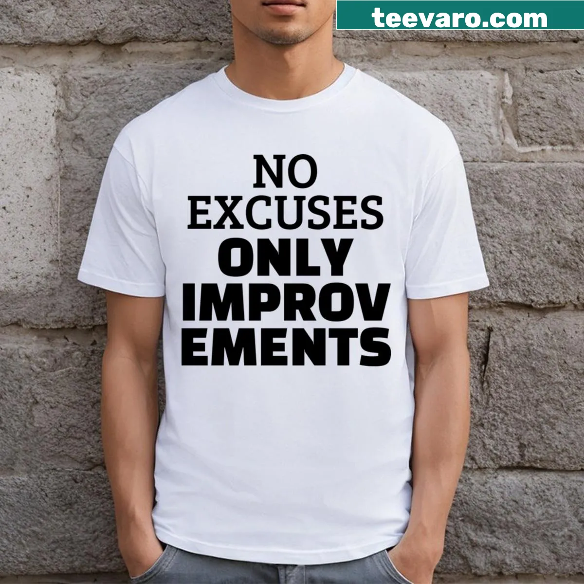 Motivational t-shirt with 'No Excuses Only Improvements' text — on a men's t-shirt