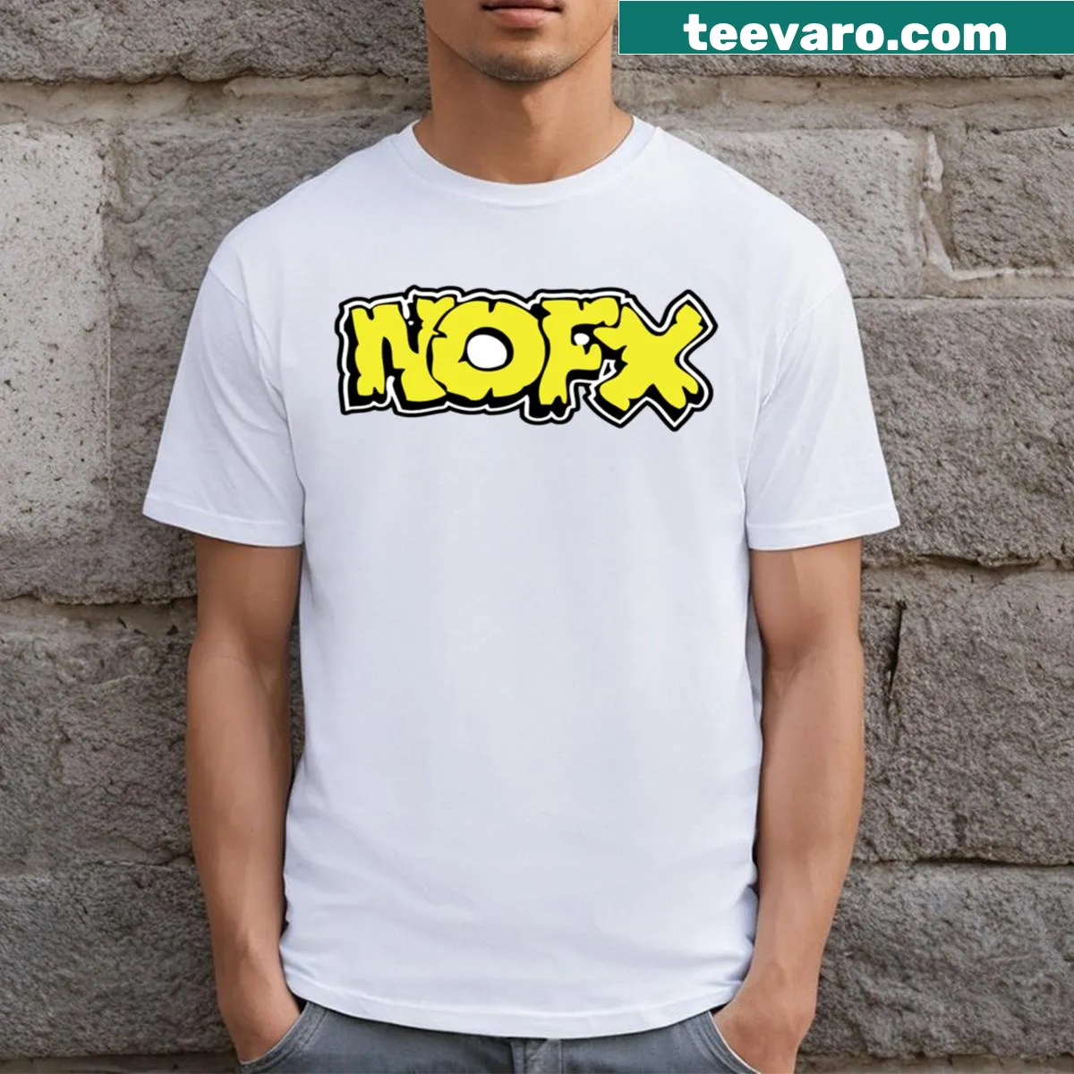 Logo of NOFX displayed on punk band T-shirt — on a men's t-shirt
