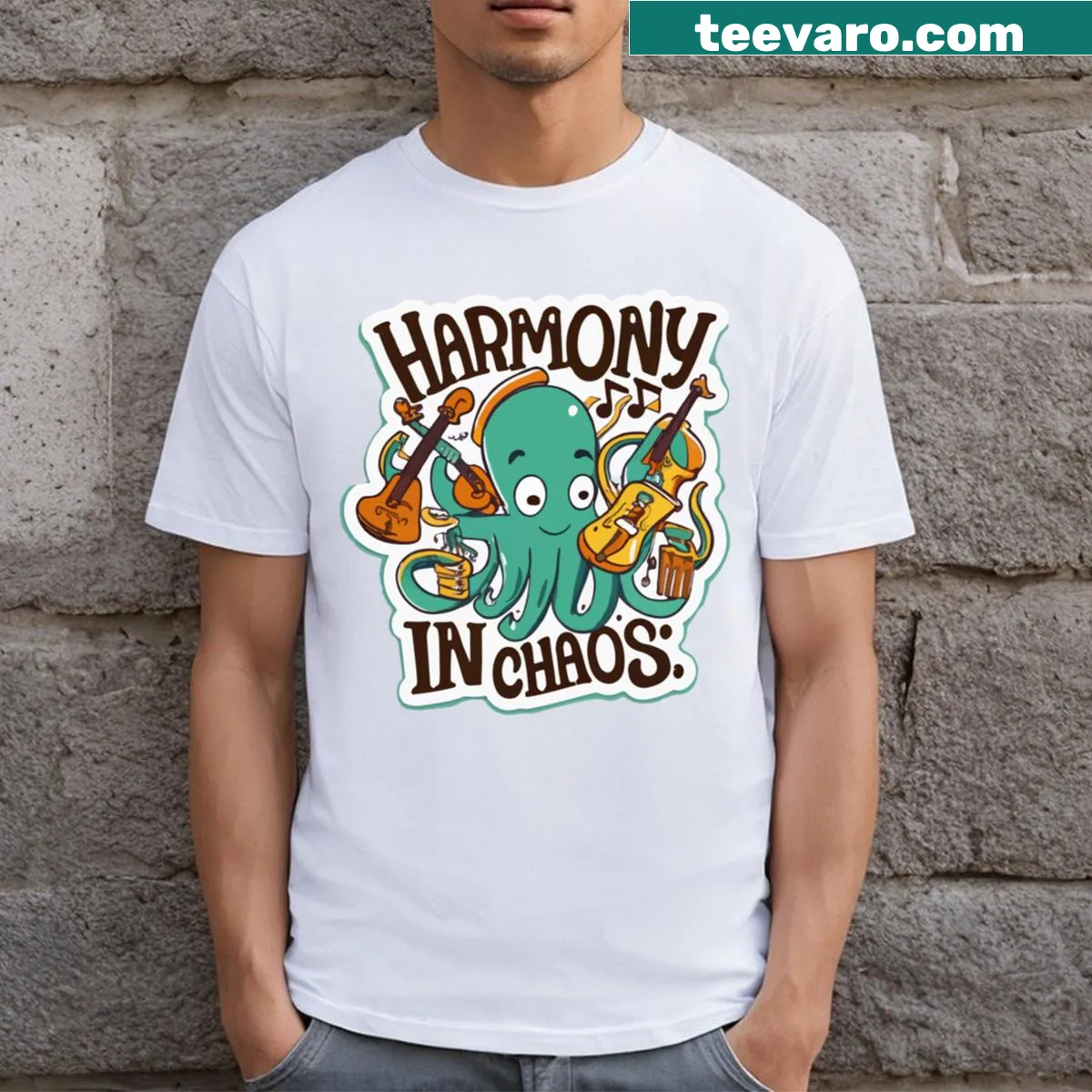 Cartoon graphic of an octopus leading a band on T-shirt — on a men's t-shirt