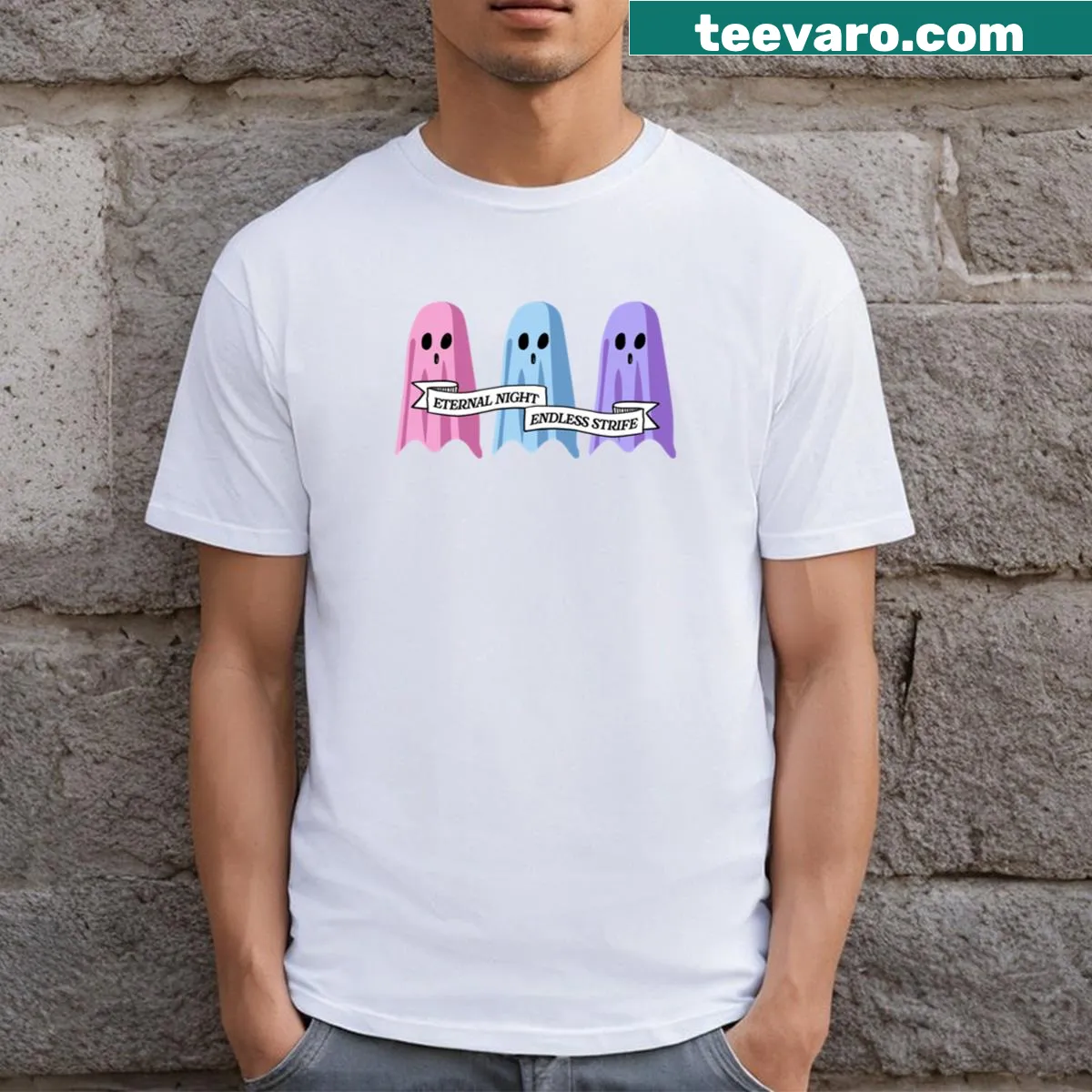 Playful pastel cartoon ghosts on a t-shirt — on a men's t-shirt