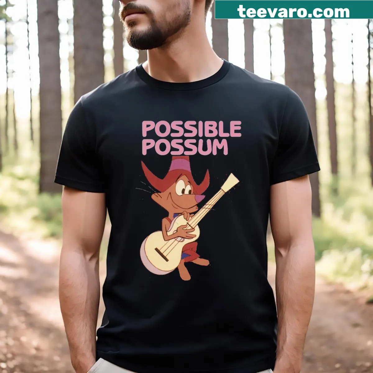 Retro cartoon t-shirt featuring Possible Possum design — on a men's t-shirt