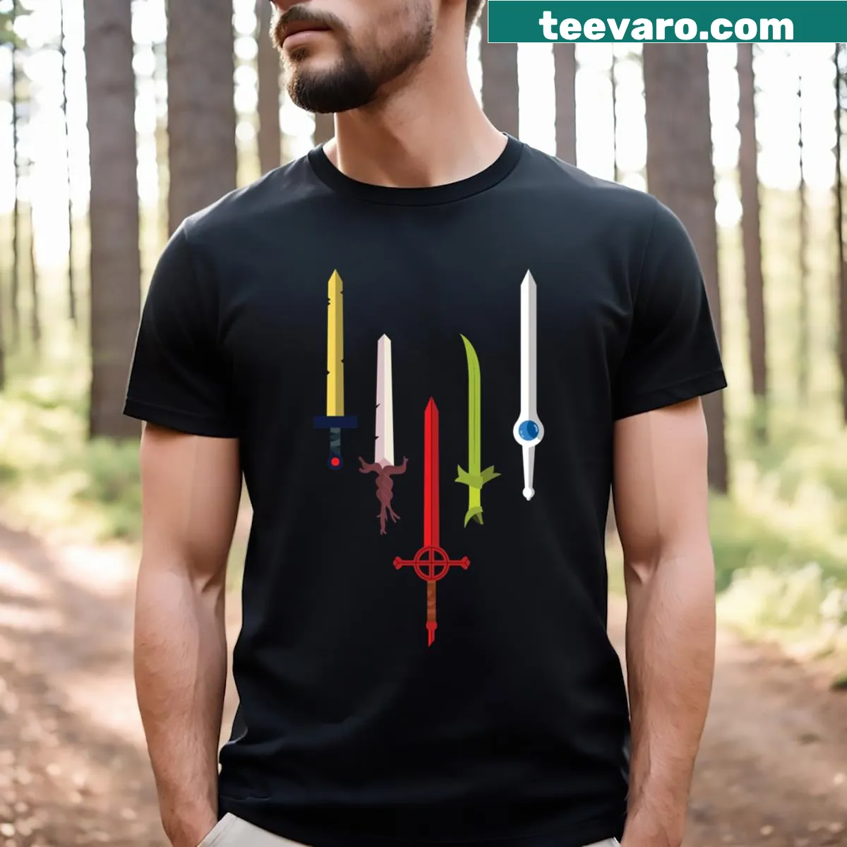 Adventure Time themed t-shirt featuring swords and fantasy elements — on a men's t-shirt
