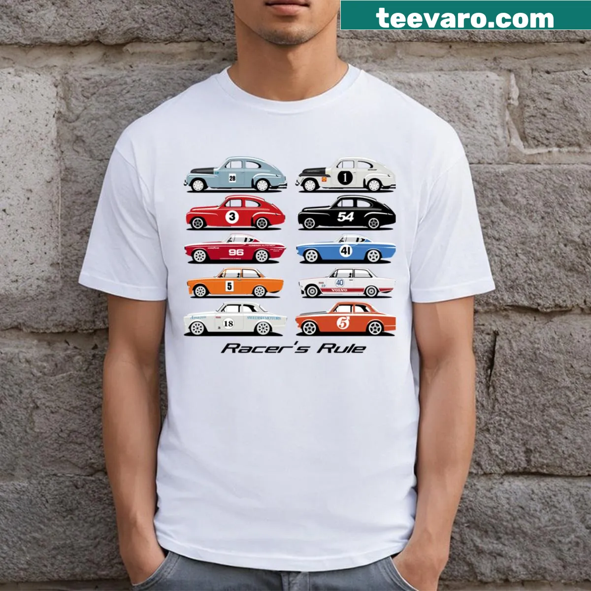 Bold Racer's Rule t-shirt with racing-themed typography — on a men's t-shirt