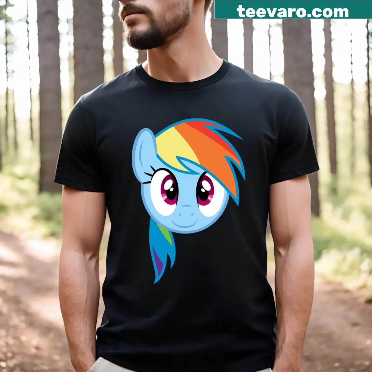 Graphic of Rainbow Dash's face on a light blue T-shirt — on a men's t-shirt