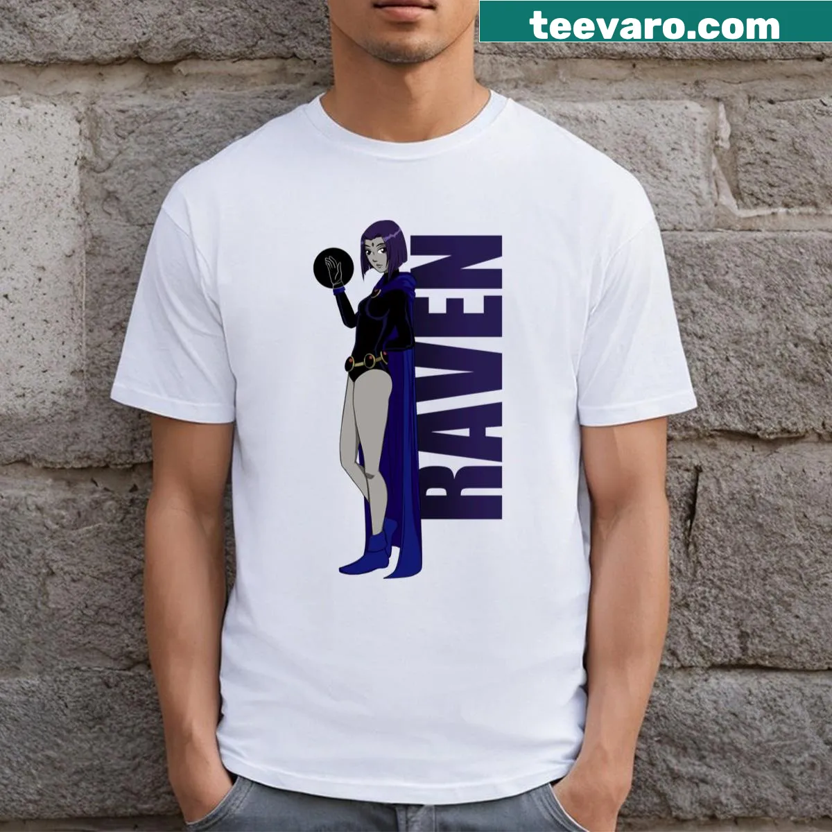 Raven from Teen Titans illustrated on a T-shirt — on a men's t-shirt