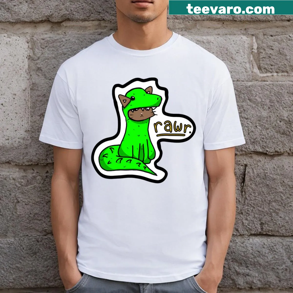 Cartoon cat in dinosaur costume T-shirt — on a men's t-shirt