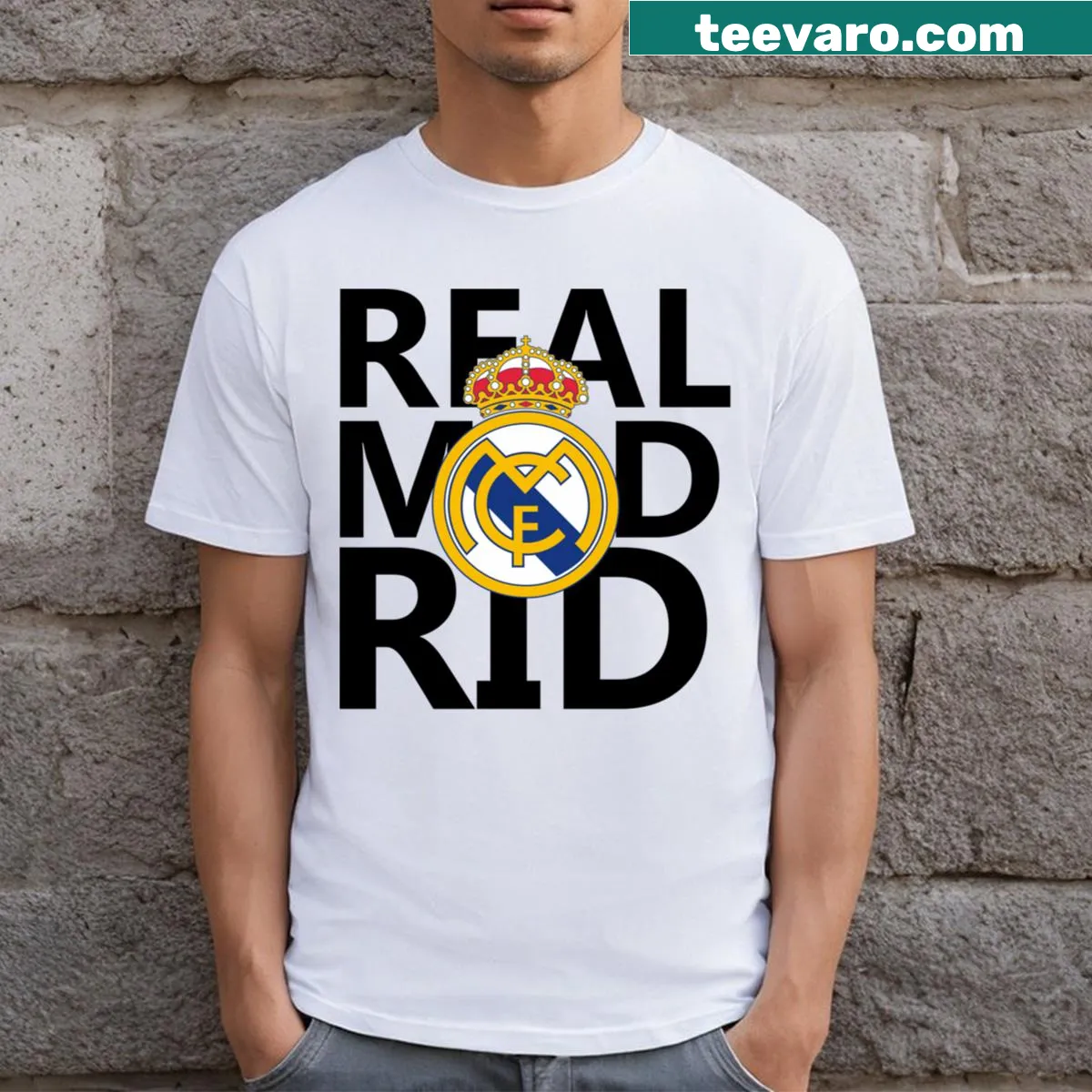 Real Madrid logo graphic T-shirt — on a men's t-shirt