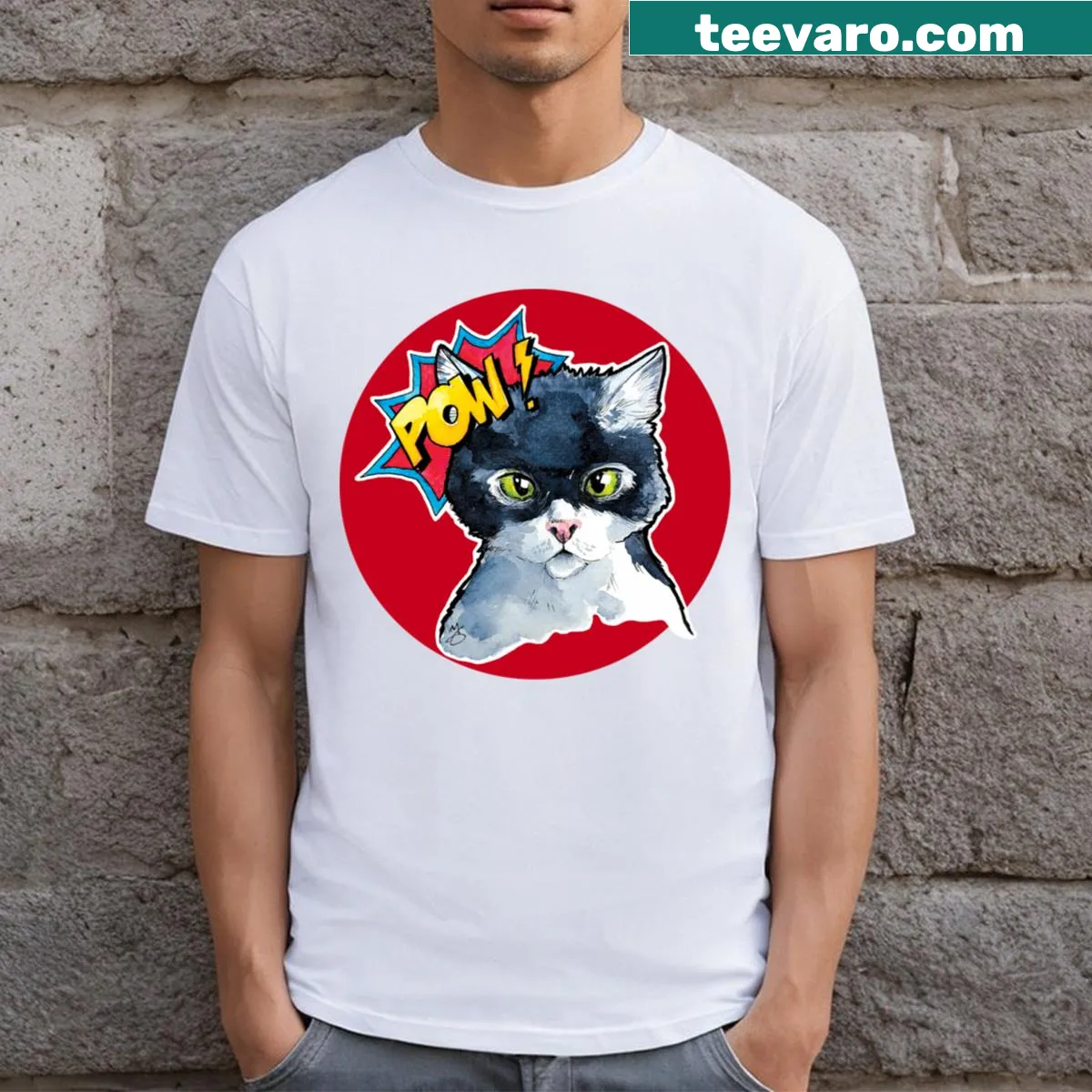 Playful T-shirt featuring a cartoon cat and 'Pow!' text — on a men's t-shirt