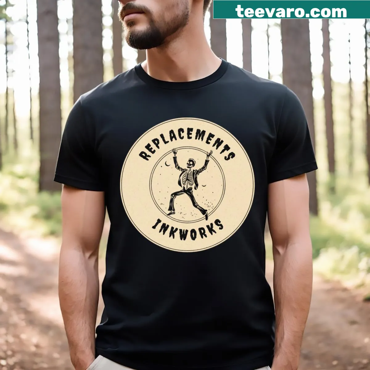T-shirt featuring the title of the Replacements show in bold text — on a men's t-shirt