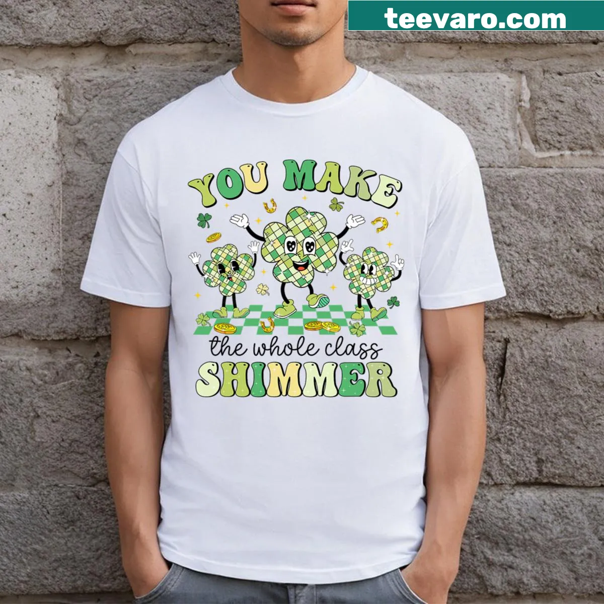 Vintage shamrock and Lucky Teacher text on St. Patrick's Day tee — on a men's t-shirt