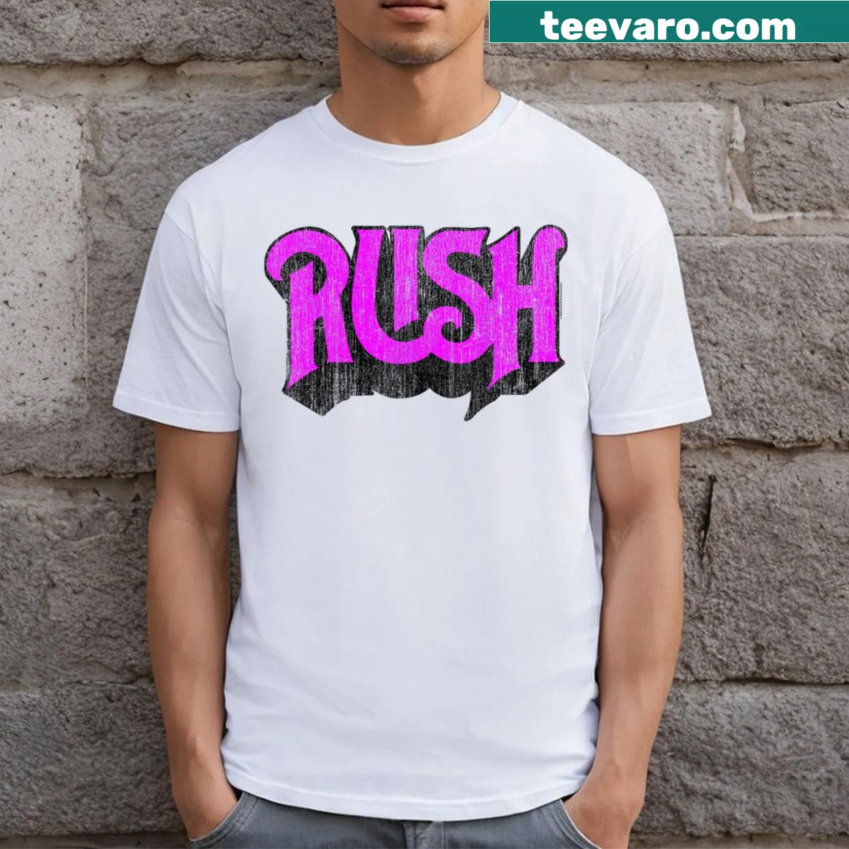 Minimalist Rush band t-shirt featuring bold typography — on a men's t-shirt