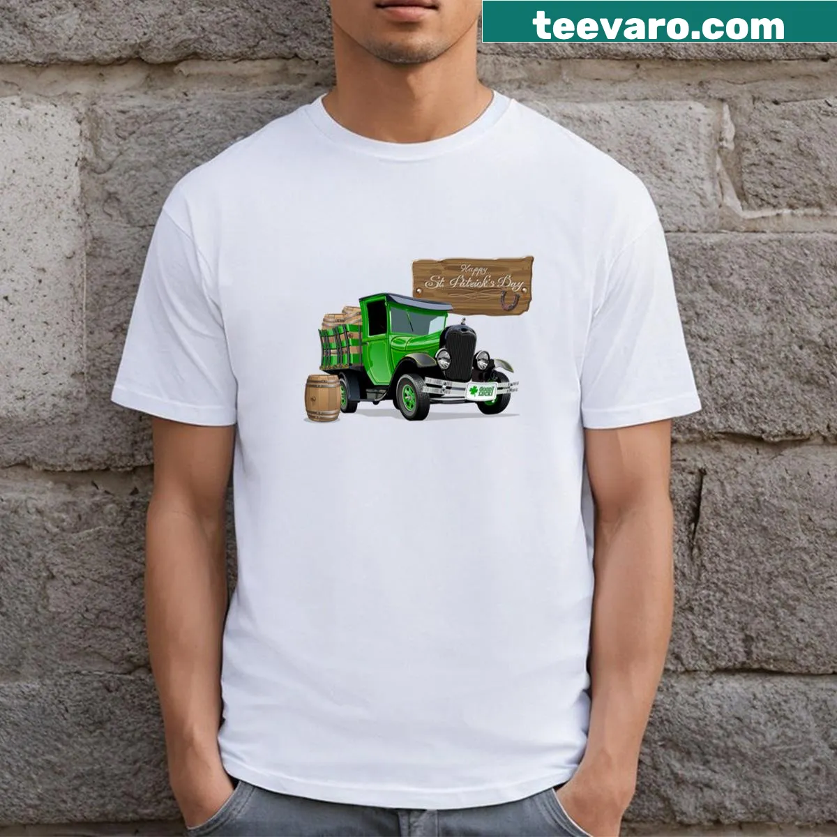 Cartoon beer truck graphic celebrating St. Patrick's Day — on a men's t-shirt