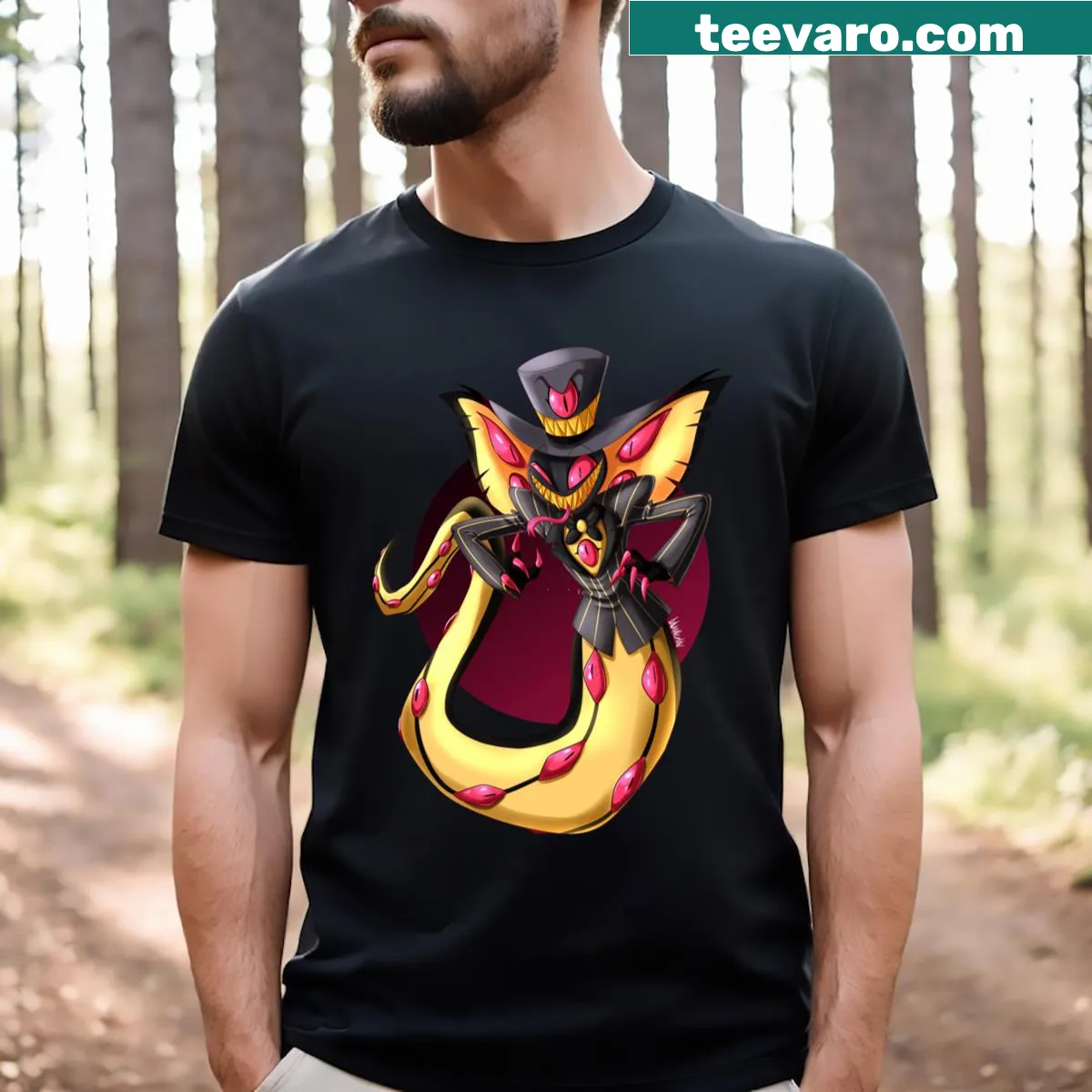 Cartoon-style t-shirt featuring Sir Pentious from Hazbin Hotel — on a men's t-shirt