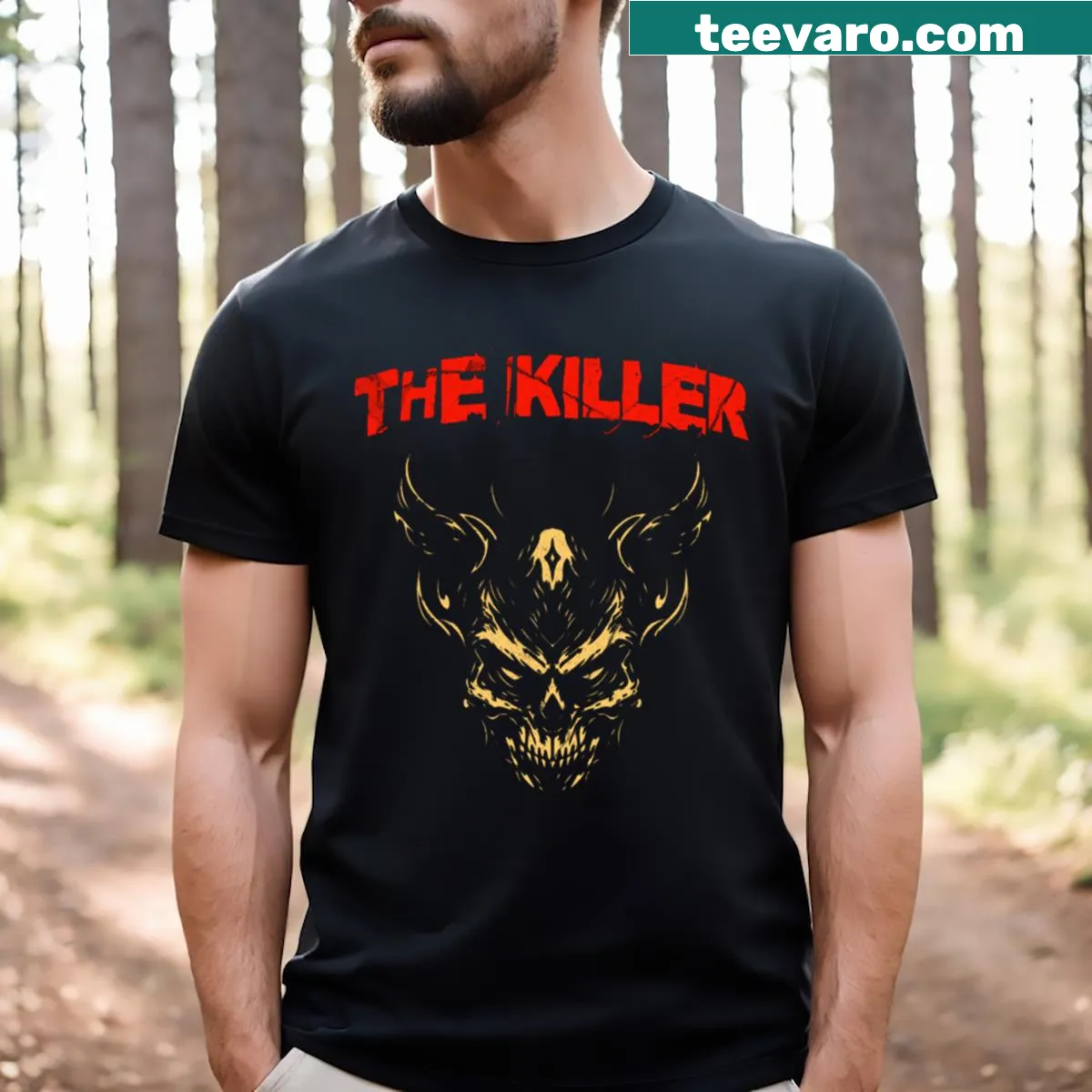 Vintage-style t-shirt with a skull graphic in poster design — on a men's t-shirt