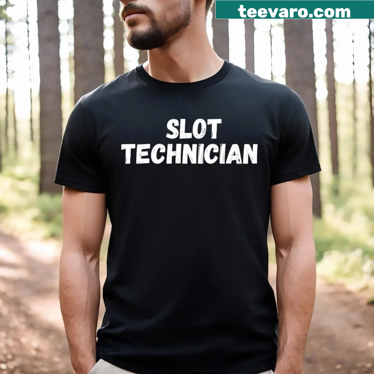 Playful T-shirt featuring a catchy phrase related to slot technicians — on a men's t-shirt
