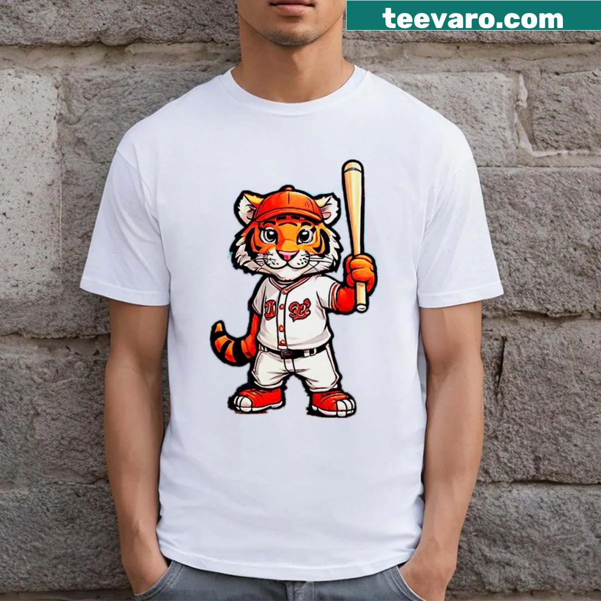 Cute tiger catching baseball graphic on T-shirt — on a men's t-shirt