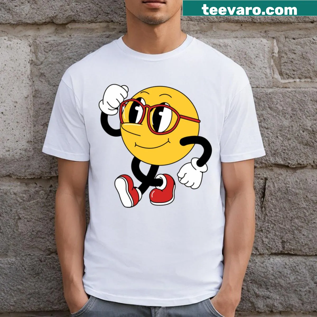 Retro cartoon t-shirt featuring fun stylized emojis — on a men's t-shirt
