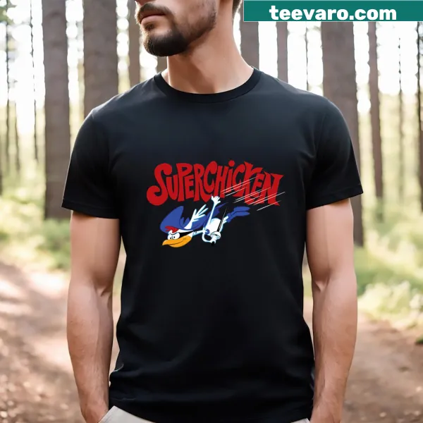 Cartoon T-shirt featuring a playful superhero chicken