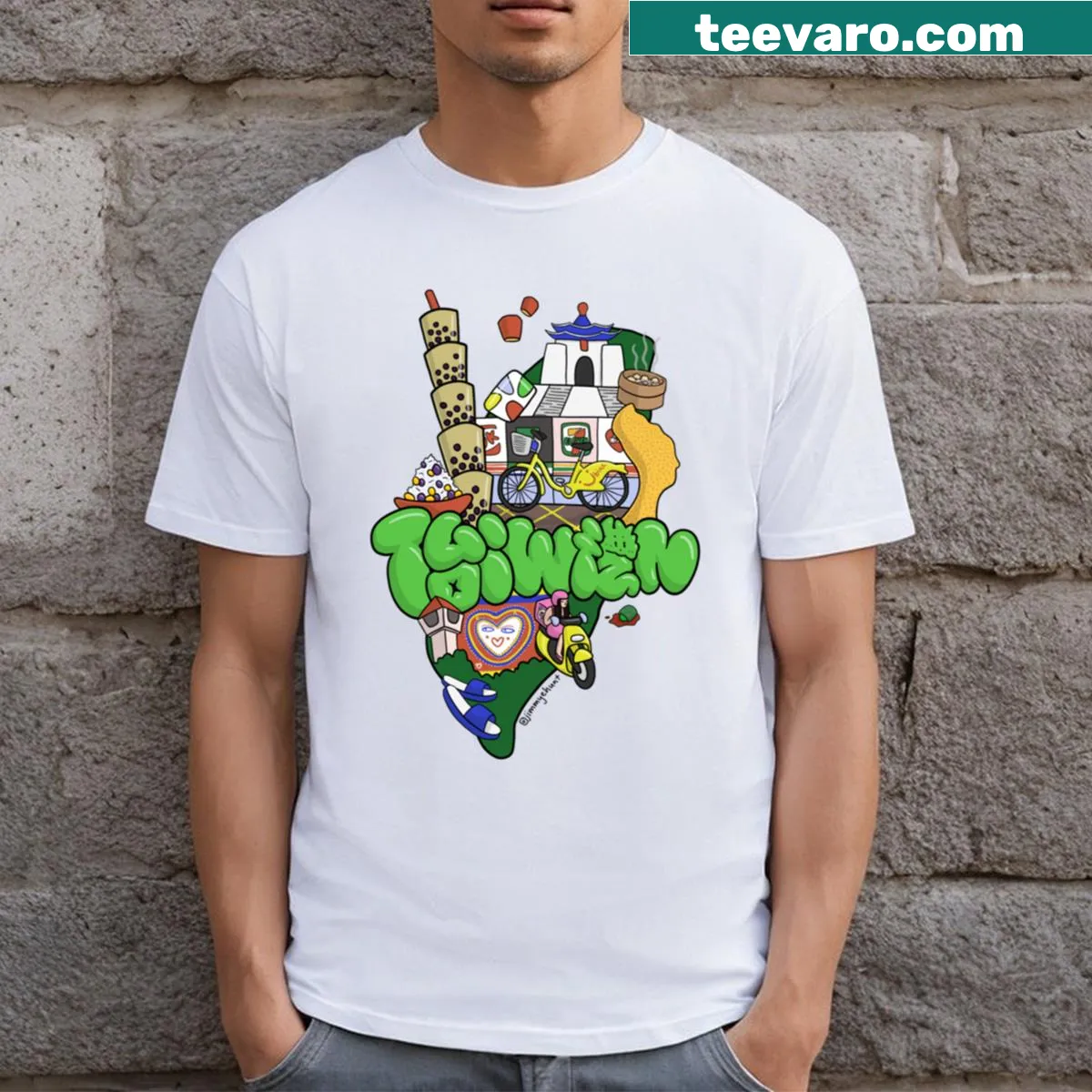 Cartoon design of Taiwan icons in graffiti style on T-shirt — on a men's t-shirt