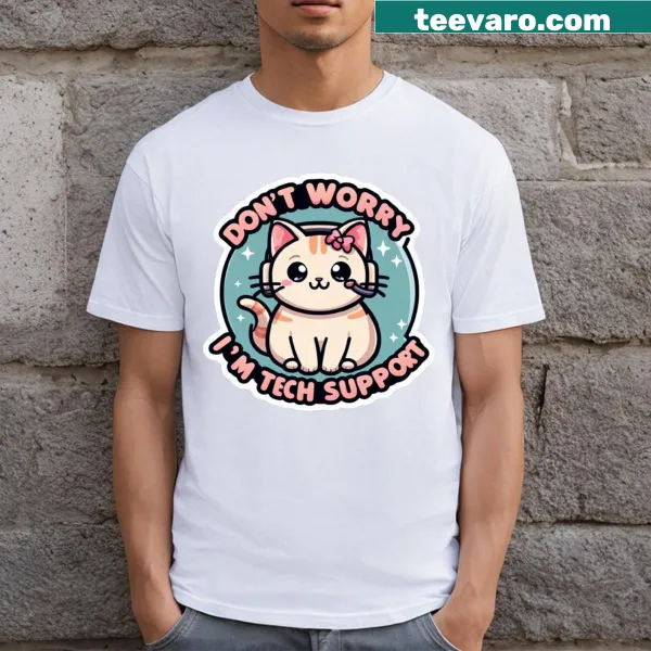 Cute tech support kitty t-shirt featuring a playful illustration