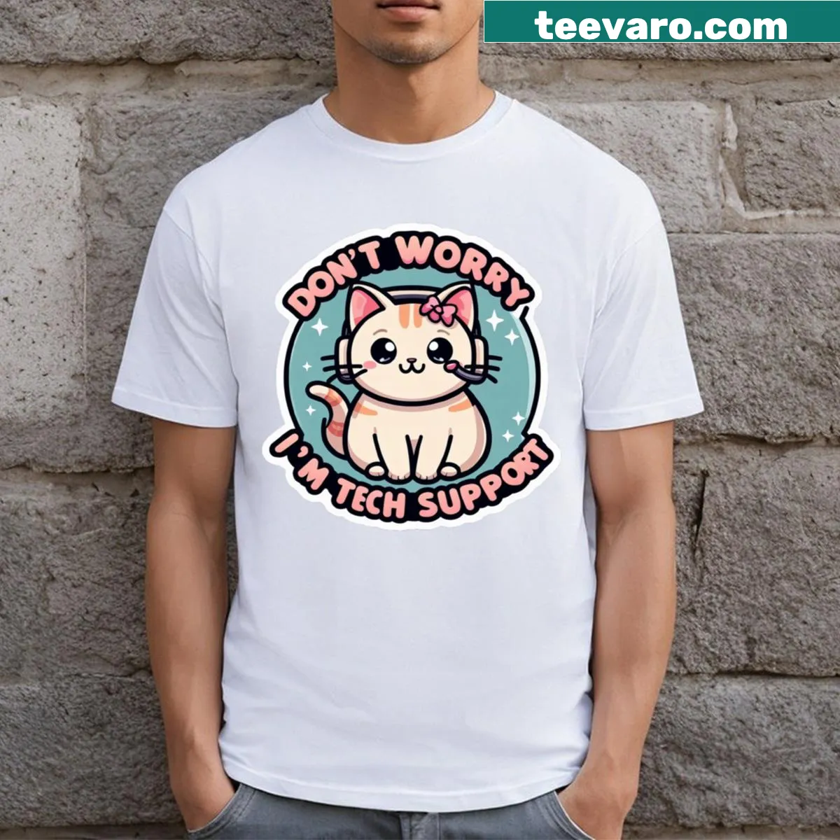 Cute tech support kitty t-shirt featuring a playful illustration — on a men's t-shirt