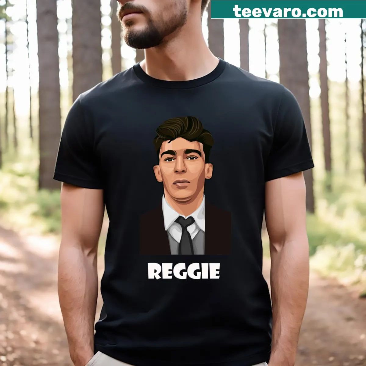Cartoon graphic of Young Reggie from The Cartoon Krays on a T-shirt. — on a men's t-shirt