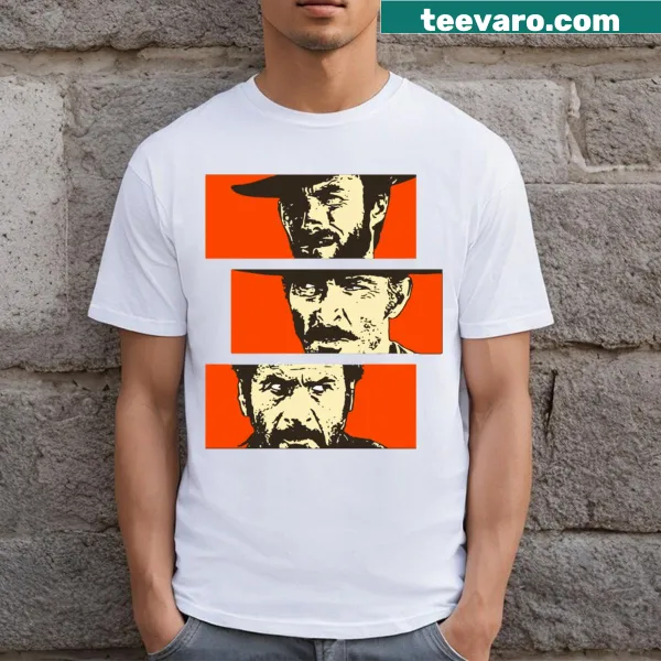 Stylized graphic of The Good, The Bad and The Ugly on a t-shirt