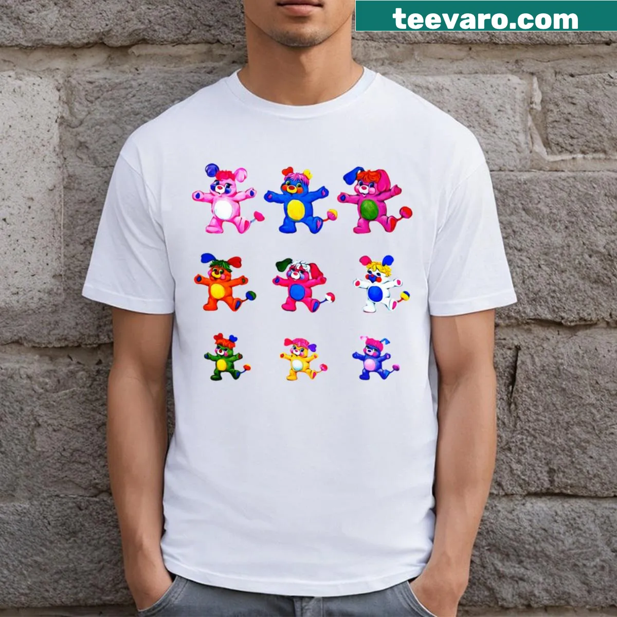 Nostalgic t-shirt featuring the Popples in playful illustration — on a men's t-shirt